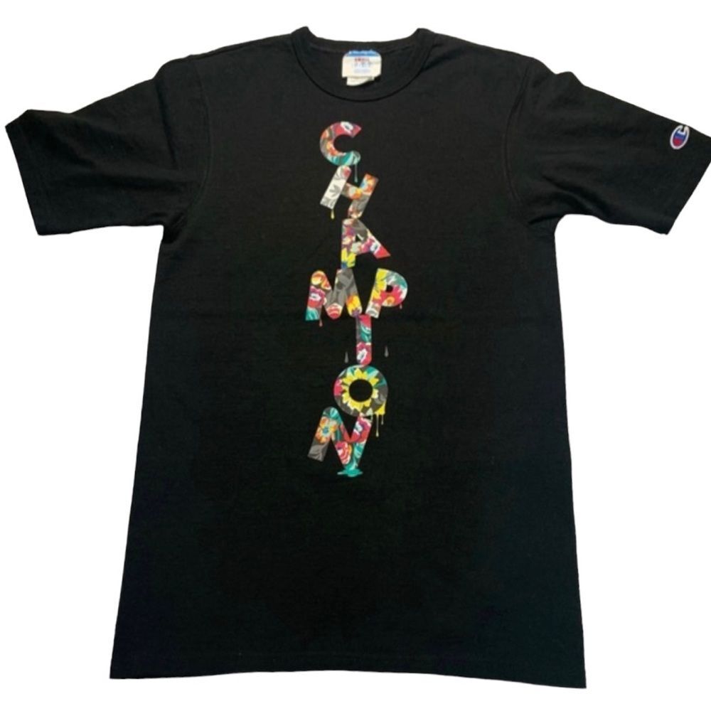CHAMPION Men’s Happy Color Abstract Black T-Shirt Big Spell Out Cheerful Graphic